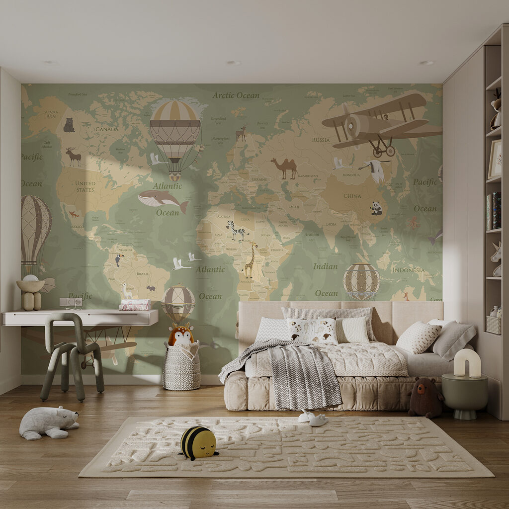 A map of the world with airplanes and hot air balloons A map of the world with airplanes and hot air balloons