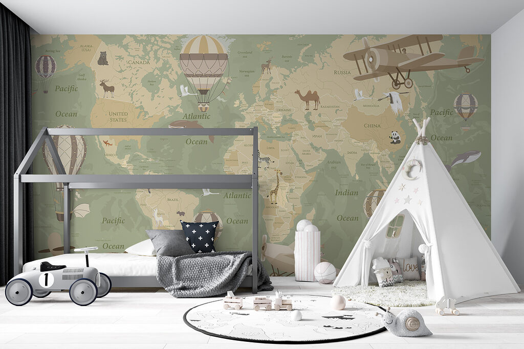 A map of the world with airplanes and hot air balloons A map of the world with airplanes and hot air balloons
